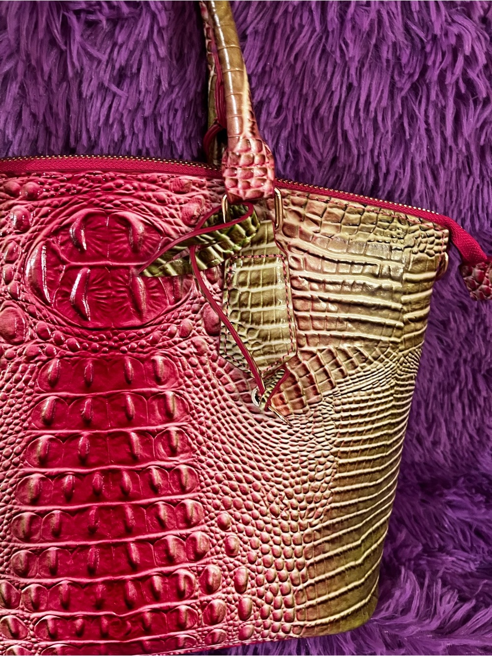 Red and Olive Croc-Embossed Satchel Bag - Picture 3 of 5